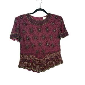 VTG Papell Boutique Burgundy Silk Beaded Blouse Floral Formal Evening Top Sz S